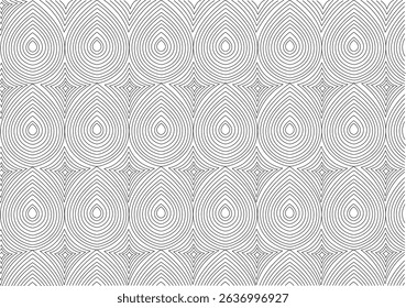 Seamless Geometric Pattern with Concentric Teardrops and Rhombus Shapes, A black and white seamless pattern featuring an intricate arrangement of concentric teardrop or paisley-like shapes