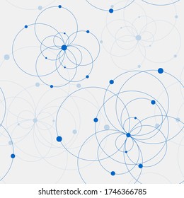 Seamless geometric pattern with connected circles and dots.
