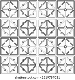 Seamless geometric pattern consisting of black and white lines forming squares arranged regularly and symmetrically. Suitable for various creative projects or decorative elements.