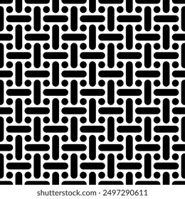 Seamless geometric pattern consisting of circular and cylindrical shapes arranged symmetrically and repeating. Suitable for various design purposes such as textiles, tiles, wallpapers, backdrops, etc.