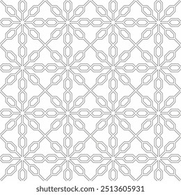 Seamless geometric pattern consisting of connected lines forming an abstract series. Suitable for various creative projects or decorative elements.