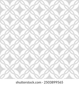 Seamless geometric pattern, consisting of four-petal flower shapes with continuous lines in gray. Suitable for interior design, textile, fabric, print, etc.