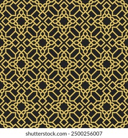 Seamless geometric pattern consisting of golden lines in arabesque style. Suitable for decorative designs, textiles, tiles, wallpapers, backgrounds, etc.