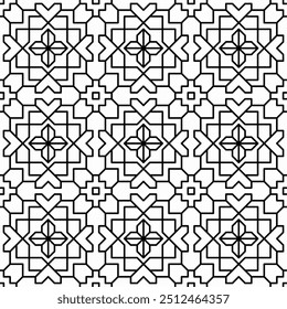 Seamless geometric pattern consisting of interlocking black lines on a white background. Suitable for various creative projects or decorative elements.