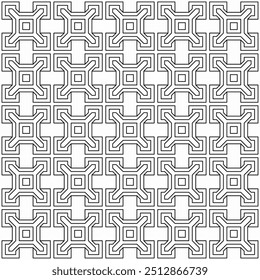 Seamless geometric pattern consisting of interlocking black lines forming a square on a white background. Suitable for various creative projects or decorative elements.
