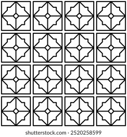 Seamless geometric pattern consisting of interlocking black lines forming a regular square arrangement with an abstract motif inside. Suitable for various creative projects or decorative elements.