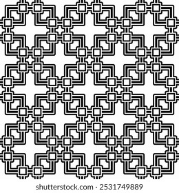 Seamless geometric pattern consisting of interlocking checkered shapes in black and white. Suitable for backgrounds, wallpapers, textiles and various graphic design projects.