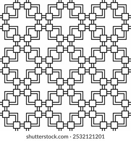 Seamless geometric pattern consisting of interlocking checkered shapes in black and white. Suitable for backgrounds, wallpapers, textiles and various graphic design projects.