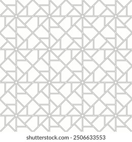 Seamless geometric pattern consisting of intersecting and interlocking lines with triangular and square shapes. Suitable for graphic design, interior decoration, textiles, printing, etc.