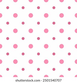 Seamless geometric pattern consisting of large and small pink polka dot shapes on a white background. Suitable for textile designs, wallpapers, wrapping, backgrounds, etc.