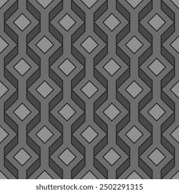 Seamless geometric pattern consisting of repeating cube shapes with blending lines, creating a layered illusion in shades of gray. Suitable for interior design, textiles, digital graphics, printing.