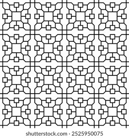 Seamless geometric pattern, consisting of square shapes with connected lines in black and white. Suitable for backgrounds, wallpapers, textiles and various creative projects.