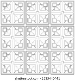 Seamless geometric pattern consisting of straight lines and simple geometric shapes in a grid layout. Suitable for backgrounds, interior decoration, textiles and various creative projects.