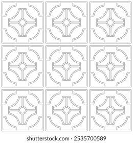 Seamless geometric pattern consisting of straight and curved lines with simple geometric elements. Suitable for backgrounds, wallpapers, textiles and various artistic projects.