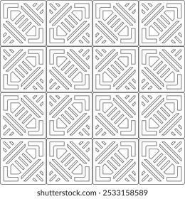 Seamless geometric pattern consisting of symmetrical abstract shapes in a grid layout. Suitable for backgrounds, textiles and various artistic projects.