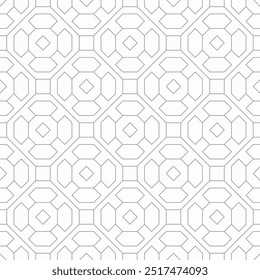Seamless geometric pattern consisting of thin lines forming octagons and squares on a white background. Suitable for various creative projects or decorative elements.