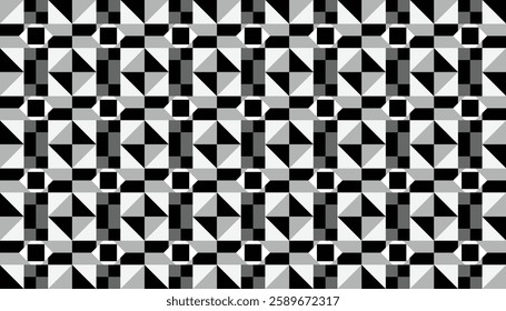 Seamless geometric pattern consisting of triangles, squares and rhombuses, arranged in a checkerboard pattern. a combination of grey, black and white