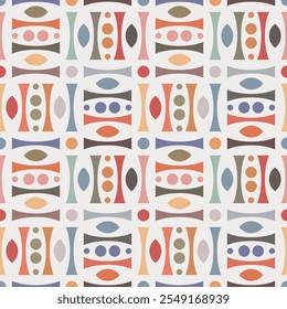 Seamless geometric pattern with a contemporary ethnic design of multicolored fancy lines and small circles on a white background.  Vintage pastel colors. Simple and trendy style. Vector illustration.