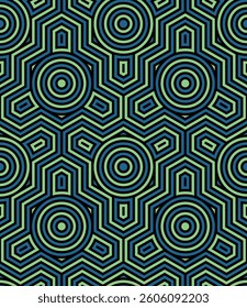 

Seamless geometric pattern with a contemporary ethnic design composed of concentric green, black, and blue polygons. Linear background with thin lines. Decorative vector illustration.
