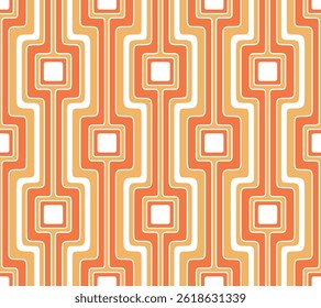 Seamless geometric pattern with a contemporary retro design of vertical orange, white, and yellow lines and squares. Striped texture. Abstract vector illustration.