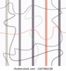 Seamless geometric pattern with continuous curved chains and traditional ornamental stripes. Illustrated in red, black and grey colours, suitable for gifts, fabric, scrapbooking, fashion, home decor