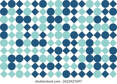 Seamless geometric pattern of contrasting blue circles and diamonds on a white background.