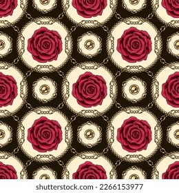 Seamless geometric pattern with crimson roses, round elements made of gold chains, beads arranged in staggered manner. Classic jewelry background