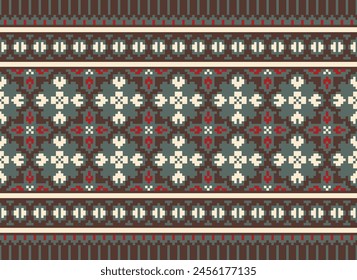 Seamless Geometric Pattern. Cross Stitch Pattern on Brown Red Background. Design for Cross Stitch,ethnic,fabric,pattern,embroidery, Motif Cross,stitch,folk,retro,pixel,handcraft,abstract,batik,zigzag.