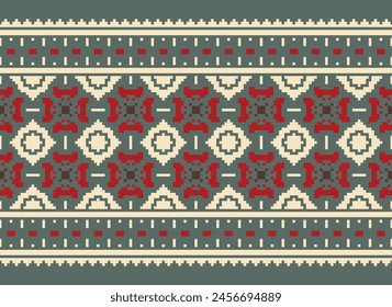 Seamless Geometric Pattern. Cross Stitch Pattern on Brown Red Background. Design for Cross Stitch,ethnic,fabric,pattern,embroidery, Motif Cross,stitch,folk,retro,pixel,handcraft,abstract,batik,zigzag.