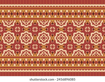 Nahtloses geometrisches Muster. Kreuzstich-Muster auf braunrotem Hintergrund. Design für Cross Stitch, Ethno, Stoff, Muster, Stickerei, Motiv Kreuz, Stich, Folk, Retro, Pixel, Handarbeit, abstrakt, Batik, Zick-Zack.