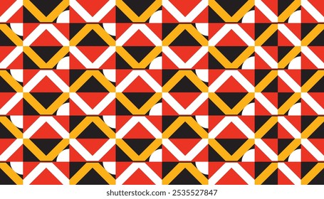 Seamless geometric pattern of crossed lines with colorful black and red rectangles background. Perfect for printing, design and textiles