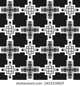 Seamless geometric pattern with cross-shaped elements and lattice structure. White on black background. Vector illustration