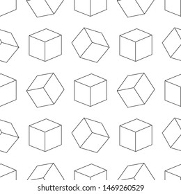 Seamless geometric pattern of cube icons with a perspective 3D cube model. Vector illustration. Isolated on white background. 