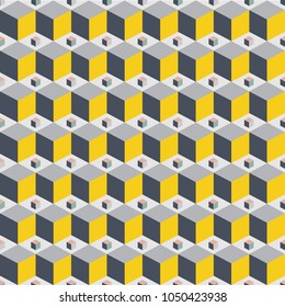 Seamless geometric pattern cubes background with Yellow and gray design geometric 3d vector wallpaper or squares. Retro style tile