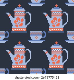 Nahtloses geometrisches Muster von Tassen gesetzt, für Hintergrund, Dekoration, Tapete, Stoff, Kleidung entworfen.