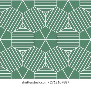 Patrón geométrico sin fisuras con líneas curvas y polígonos sobre un fondo verde. Gráficos de Vector.
