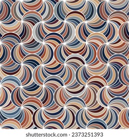 Seamless geometric pattern with curved multicolored lines arranged in spirals on a white background. Abstract waves in retro style. Striped graphic texture. Vector illustration.