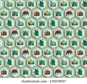Seamless geometric pattern with cute houses, vector illustration