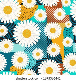 Seamless geometric pattern of daisies on the background of Memphis -vector illustration.