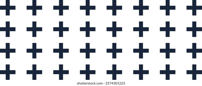 Seamless geometric pattern with dark blue crosses evenly spaced on a white background, creating a simple and minimalist design suitable for various backgrounds and textures