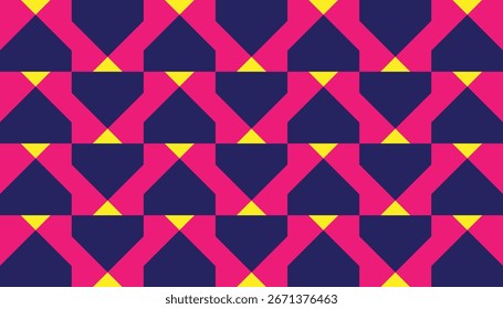 Patrón geométrico sin fisuras con triángulos invertidos azul oscuro, acentos magenta y reflejos amarillos
