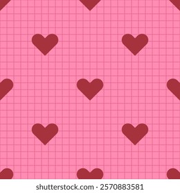 Seamless geometric pattern with dark red hearts on a pink grid background. Nostalgic design for girly-themed projects, scrapbooking, textile, packaging, etc.