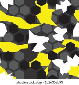 Seamless geometric pattern of dark and yellow spots. Print on the decal on vinyl. Modern sporty fabric design. Vector.