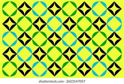 seamless geometric pattern design. Abstract Geometric Design with Alternating Black Star Motifs and Green Blue Rounded Square Outlines on Yellow