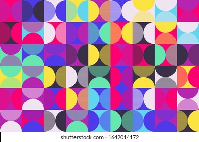 Seamless geometric pattern design artwork with simple geometrical forms. Circular geometric vector graphic with great color palette, useful for poster design, fabric print, wallpaper, wrapping paper.