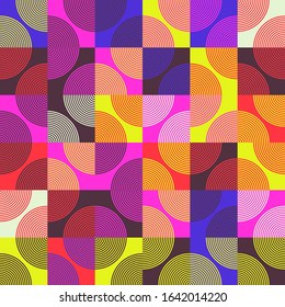 Seamless geometric pattern design artwork with simple geometrical forms. Circular geometric vector graphic with great color palette, useful for poster design, fabric print, wallpaper, wrapping paper.