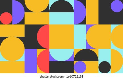 Seamless geometric pattern design artwork with simple geometrical forms. Circular geometric vector graphic with great color palette, useful for poster design, fabric print, wallpaper, wrapping paper.