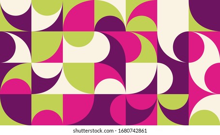 Seamless geometric pattern design artwork with simple geometrical forms. Circular geometric vector graphic with great color palette, useful for poster design, fabric print, wallpaper, wrapping paper.