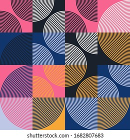 Seamless geometric pattern design artwork with simple geometrical forms. Circular geometric vector graphic with great color palette, useful for poster design, fabric print, wallpaper, wrapping paper.