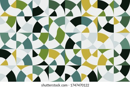 Seamless geometric pattern design artwork with simple geometrical forms. Circular geometric vector graphic with great color palette, useful for poster design, fabric print, wallpaper, wrapping paper.